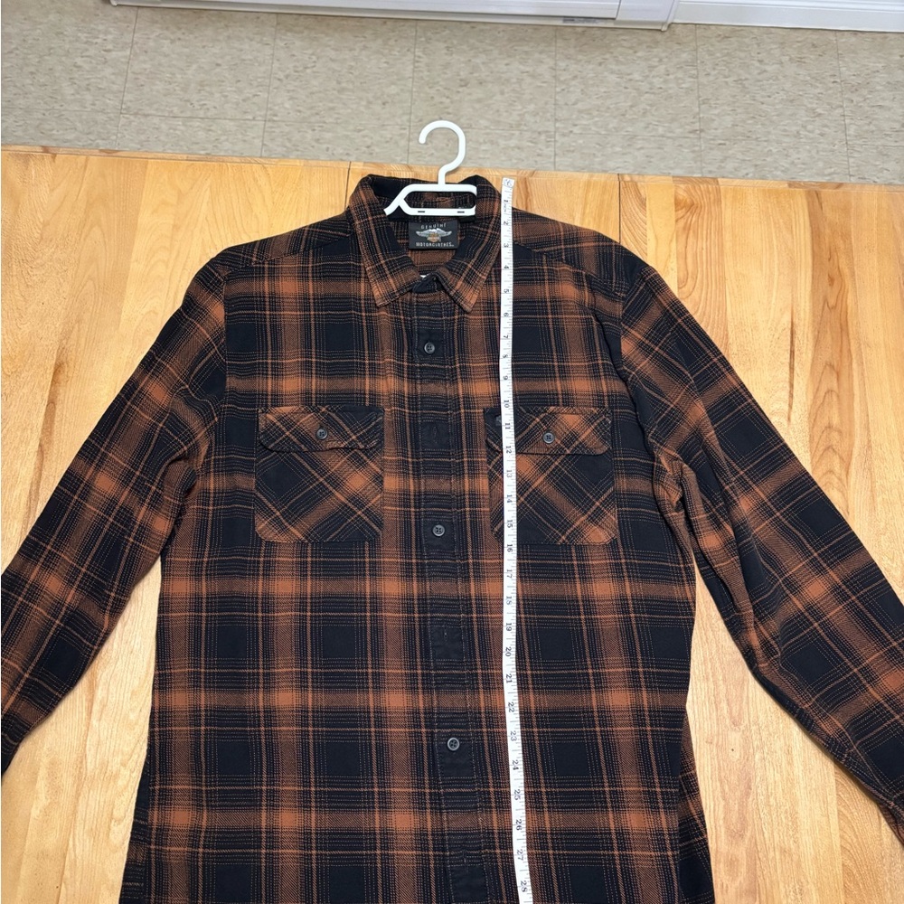 Black and Orange Plaid Button-Up Harley Davidson shirt.